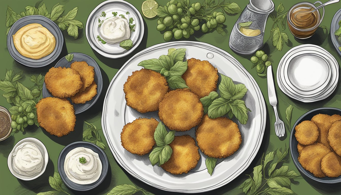 A table set with a plate of fried green tomatoes, surrounded by southern US cultural references and traditional elements