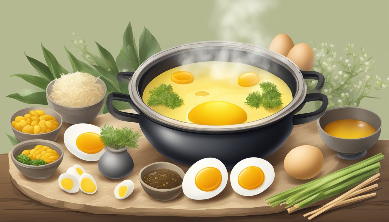 A pot of eggs boiling in yellow liquid, surrounded by traditional Chinese spring ingredients