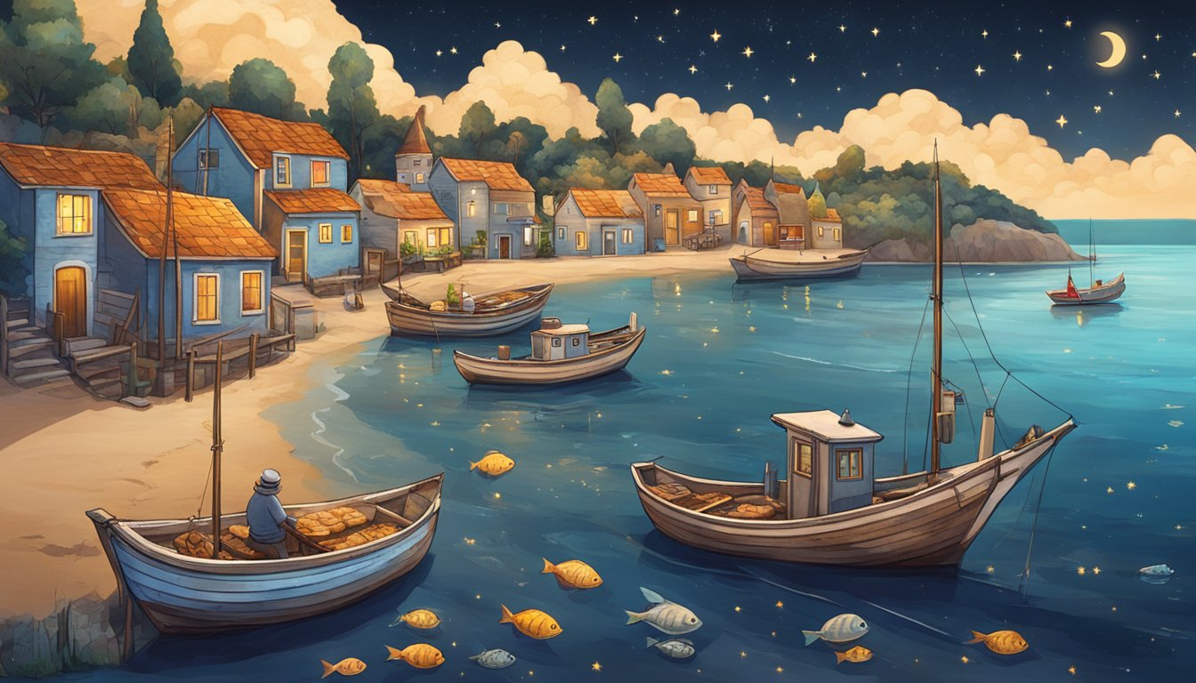 A seaside village with fishing boats, a starry night sky, and a pie with fish heads poking out of the crust