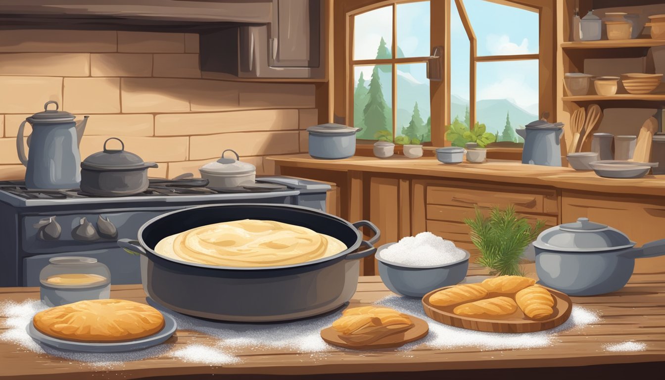 A rustic kitchen with a wooden table covered in flour, fish, and pastry dough. A pot of bubbling sauce simmers on the stove