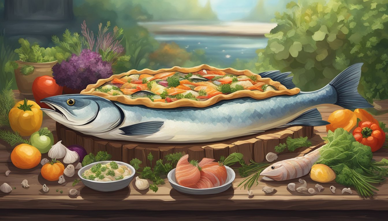 A stargazy pie sits on a rustic wooden table, filled with fish heads protruding from the crust, surrounded by a mix of colorful vegetables and herbs