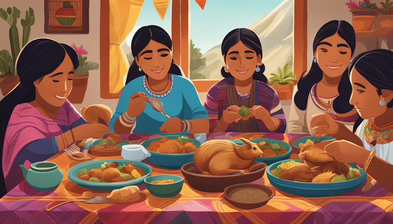 A Peruvian family gathers around a table enjoying a traditional meal of roasted guinea pig, with colorful textiles and pottery in the background