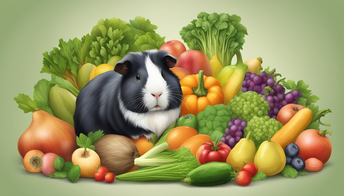 A guinea pig, or cuy, surrounded by colorful fruits and vegetables, with a focus on its unique nutritional and health aspects