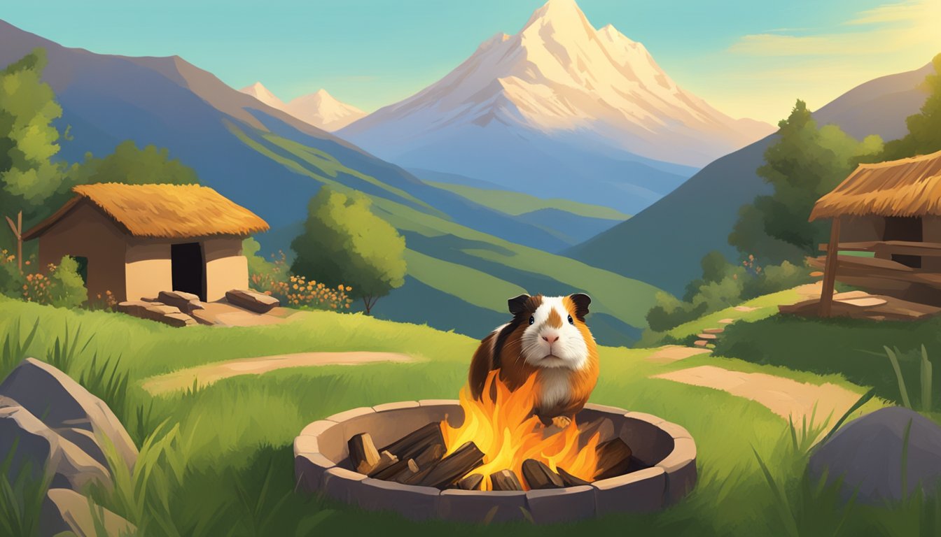 A guinea pig cuy roasting over a fire pit in a rural Andean village. Surrounding the scene are lush green mountains and a clear blue sky