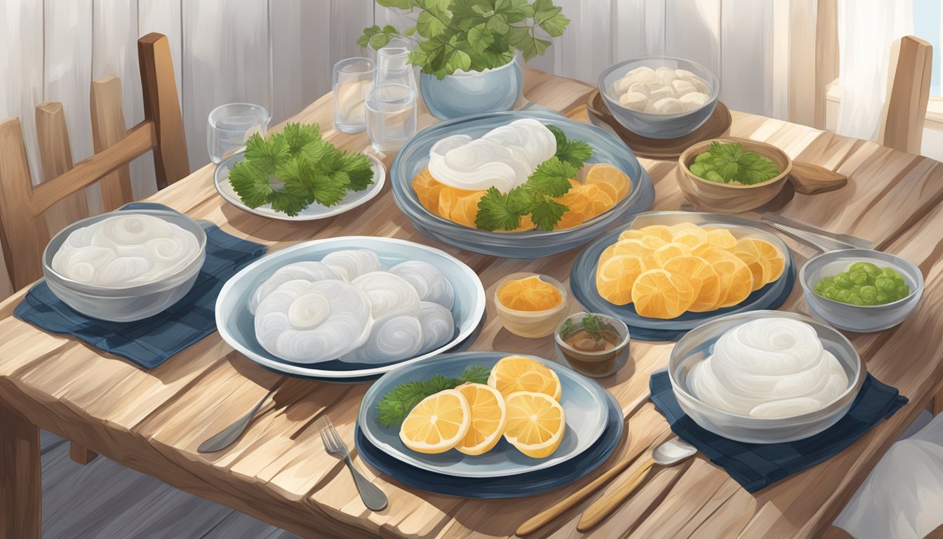 A wooden table set with a plate of translucent, gelatinous lutefisk, surrounded by traditional Scandinavian decor