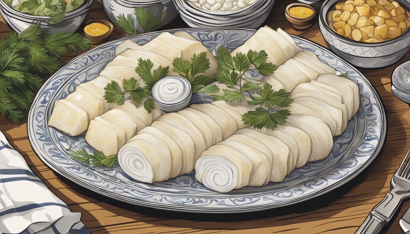 A plate of lutefisk, surrounded by traditional Scandinavian decor, emits a pungent aroma as it is being unveiled for a tasting