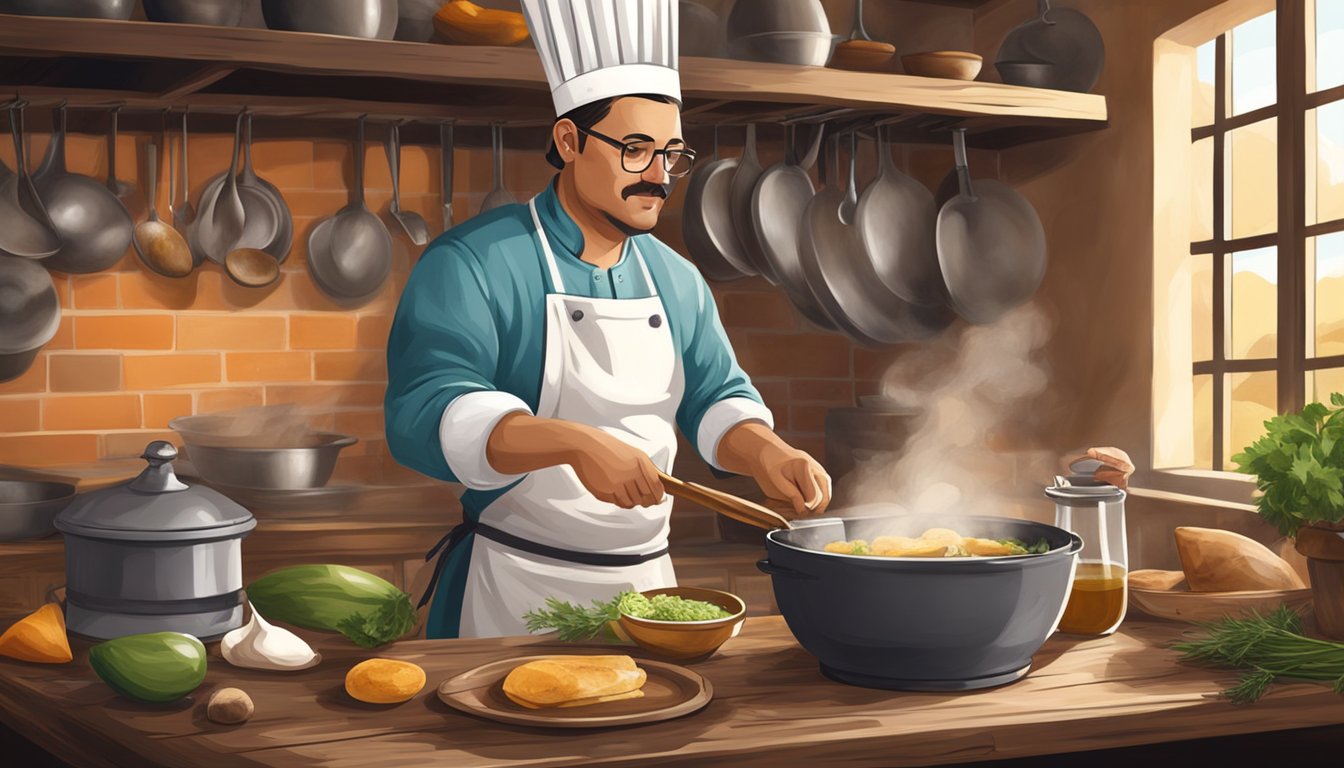 A chef preparing criadillas, a dish made from bull testicles, in a rustic kitchen setting