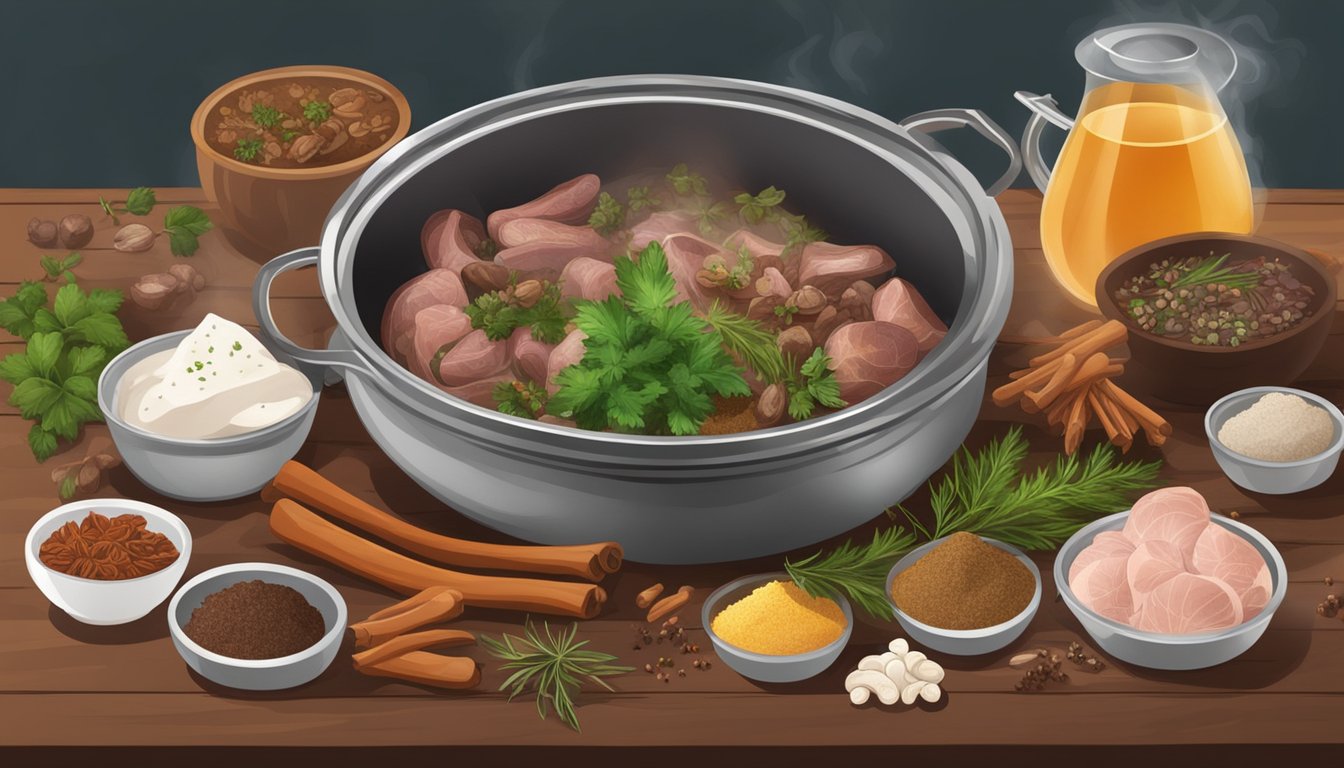 A steaming pot of boiled cow parts surrounded by various spices and herbs on a rustic table