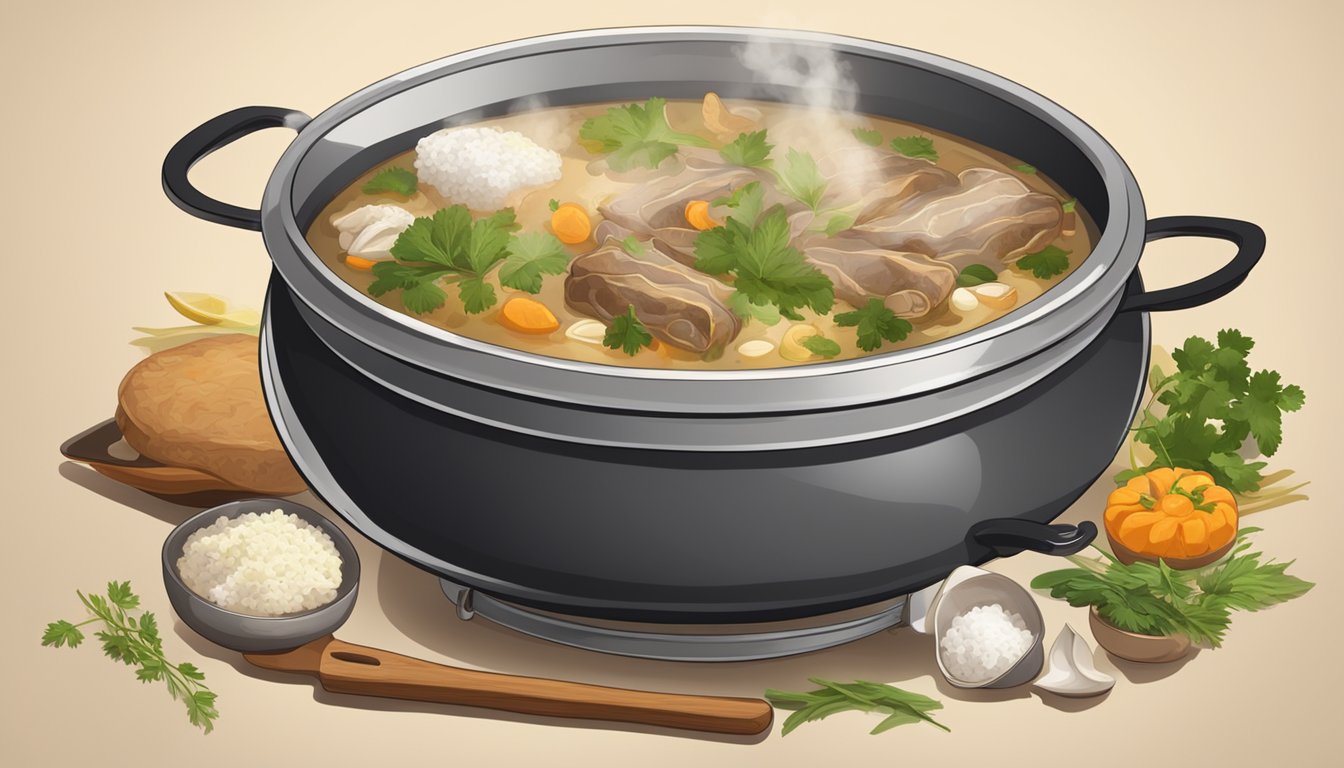 A steaming pot of khash, with various cow parts simmering in a rich broth, surrounded by modern cooking utensils and ingredients