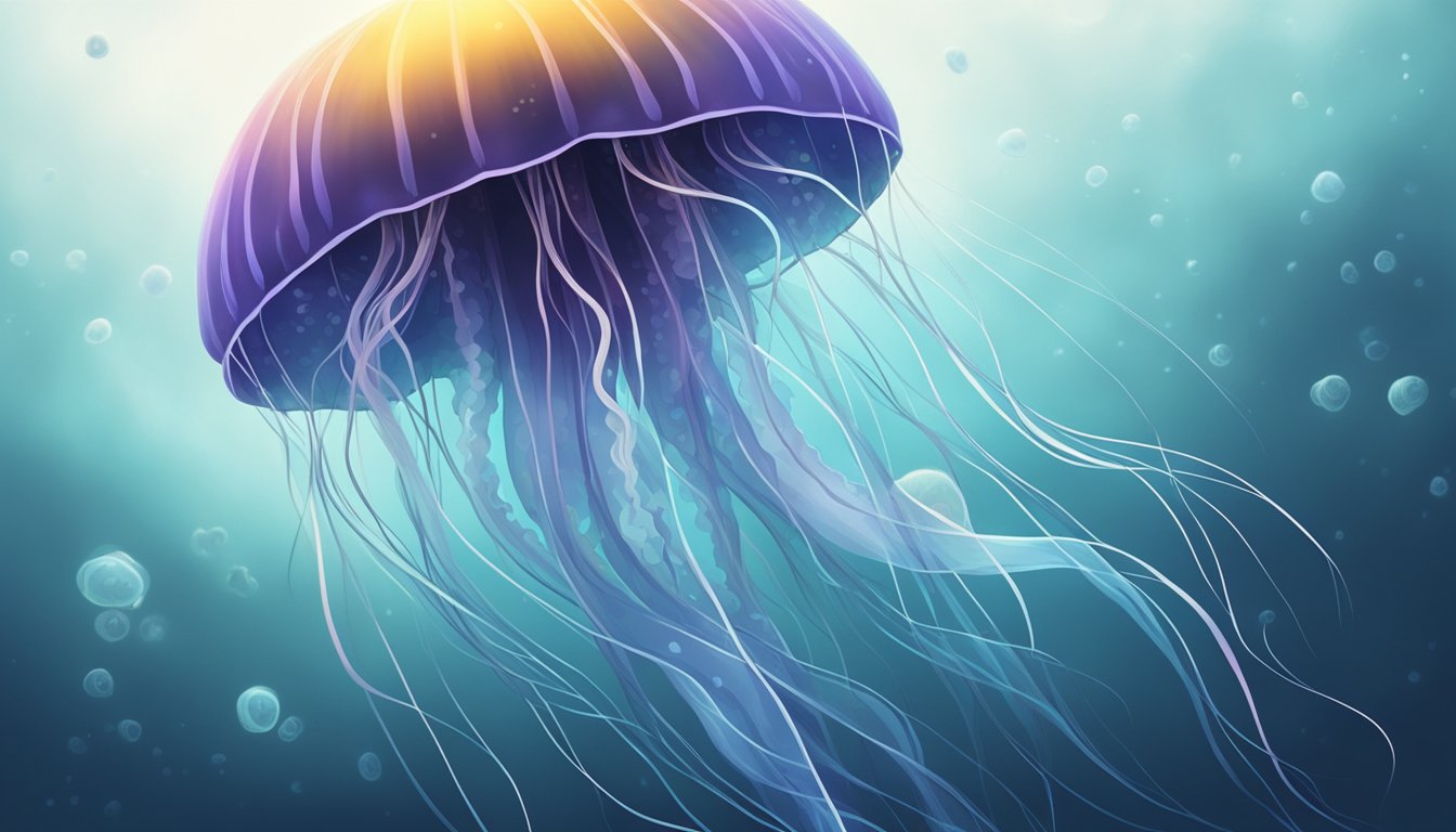 A glowing jellyfish drifts through a dark, watery abyss, its transparent tentacles trailing behind like delicate ribbons