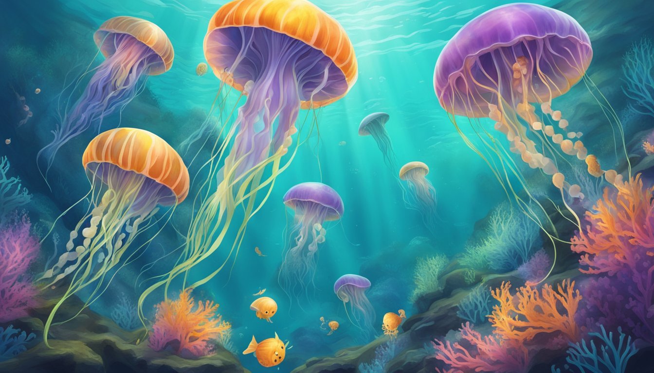 A group of strange creatures devouring jellyfish in a vibrant underwater environment