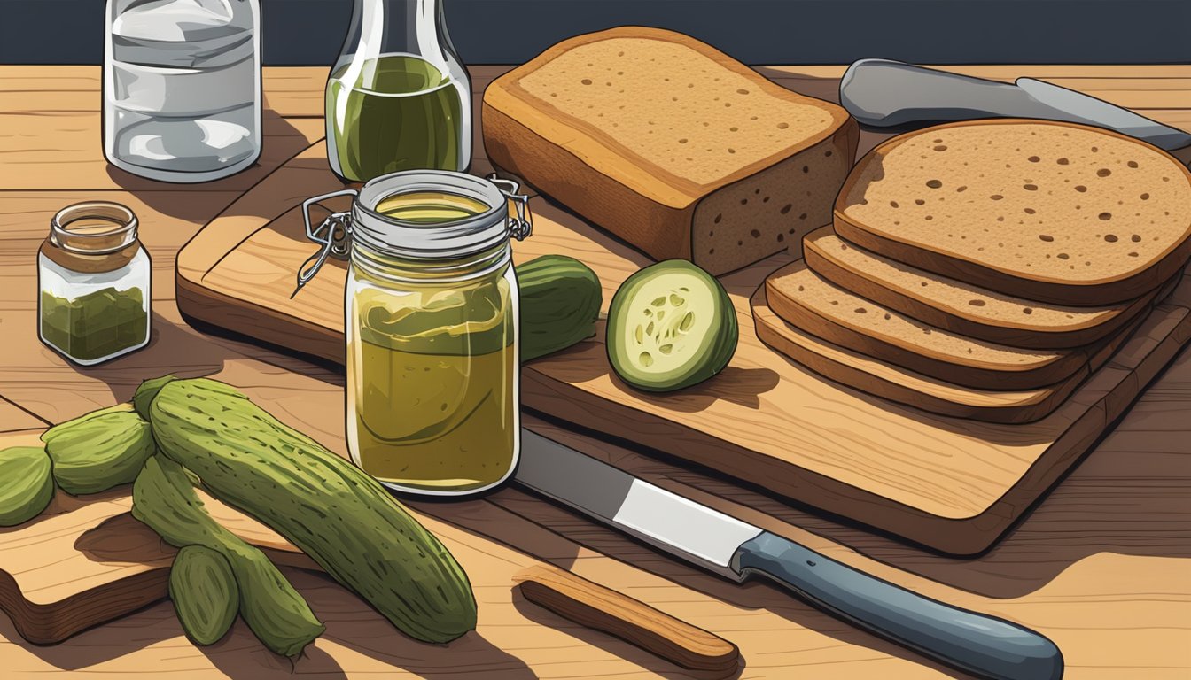 A wooden cutting board holds a spread of sliced salo, pickles, and rye bread. A jar of mustard and a shot of vodka sit nearby