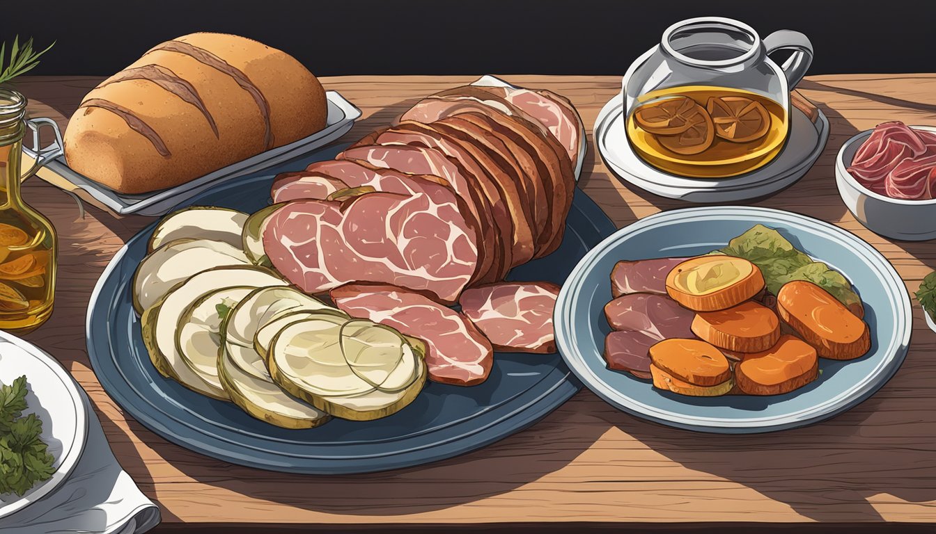 A table set with various cured meats, pickled vegetables, and bread. A spotlight shines on a plate of sliced salo, showcasing Eastern Europe's traditional cured fatback