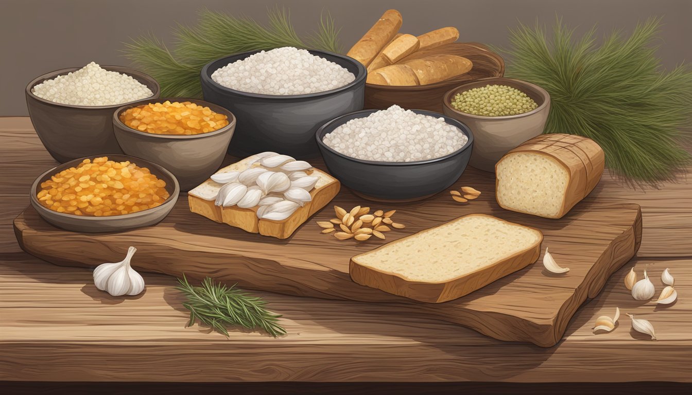 A rustic wooden table displays rows of salted fatback, surrounded by traditional Eastern European ingredients like garlic, herbs, and bread