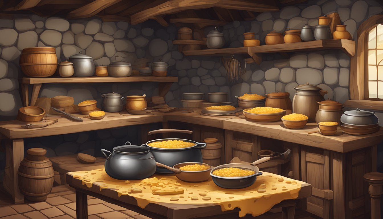 A medieval kitchen with pots and pans, a wooden table covered in cheese and small larvae crawling around