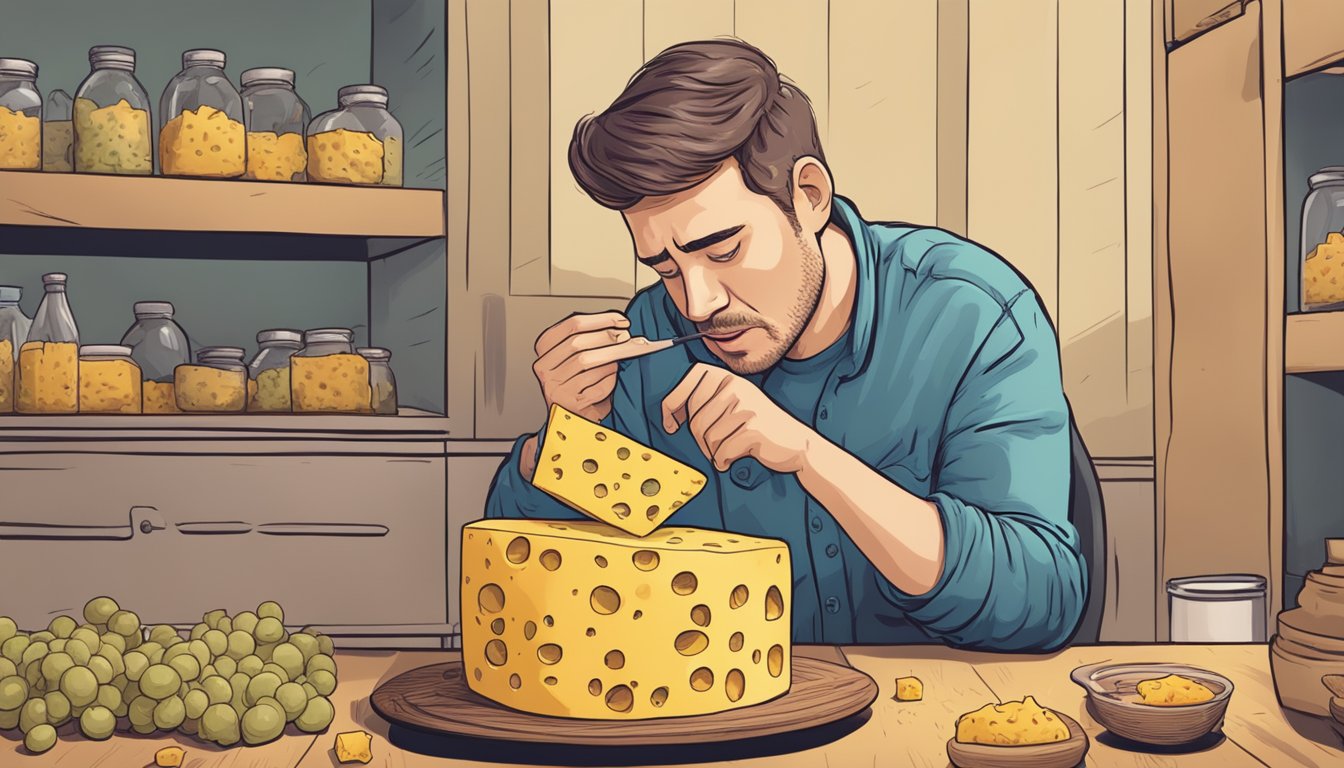 A person inspecting larvae-infested cheese with a disgusted expression