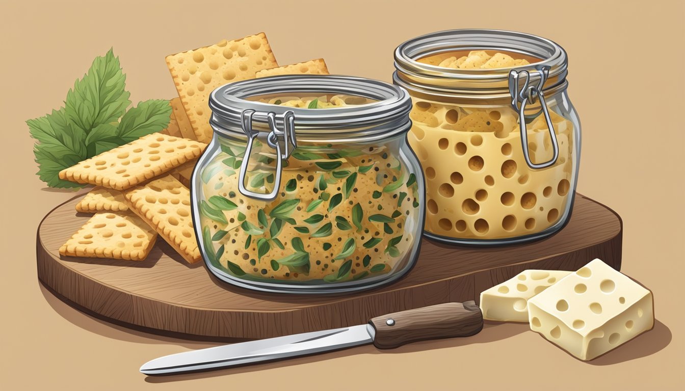 A jar of larvae-infused cheese on a wooden cutting board, surrounded by various crackers and a small knife