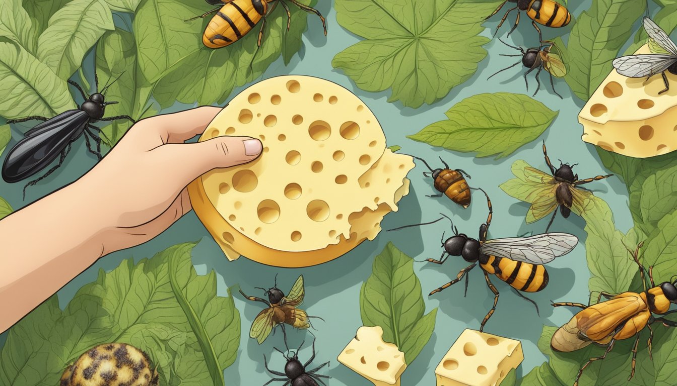 A person holding a slice of larvae cheese, with larvae visible within the cheese. The person is surrounded by a variety of insects and a lush natural environment