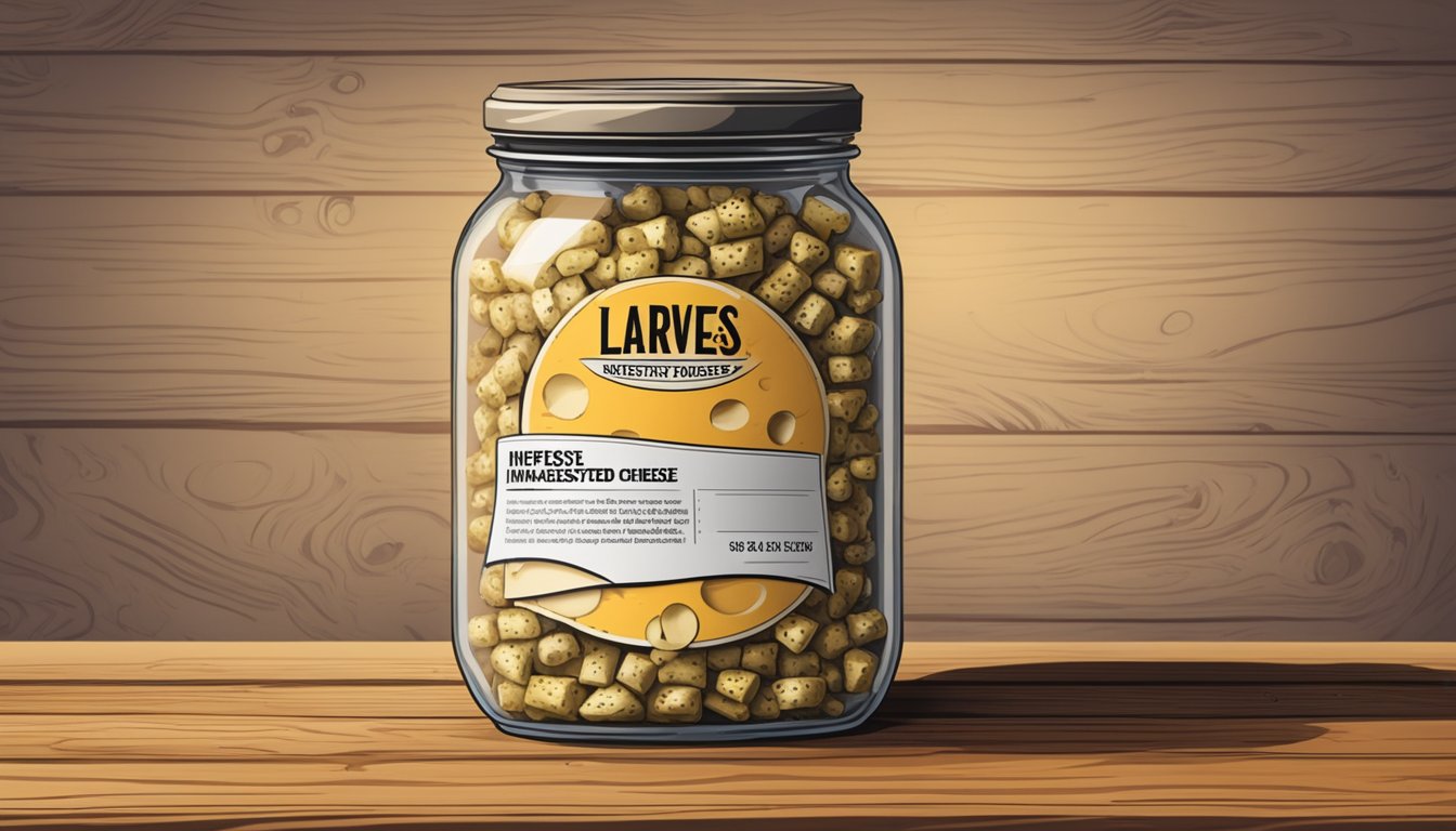 A jar of larvae-infested cheese sits on a rustic wooden table, with a label indicating it as a novelty food item