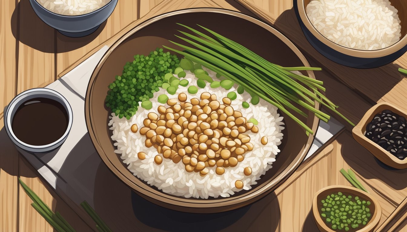 A bowl of sticky natto sits on a wooden table, surrounded by small dishes of soy sauce, green onions, and rice. Steam rises from the freshly cooked rice next to the natto