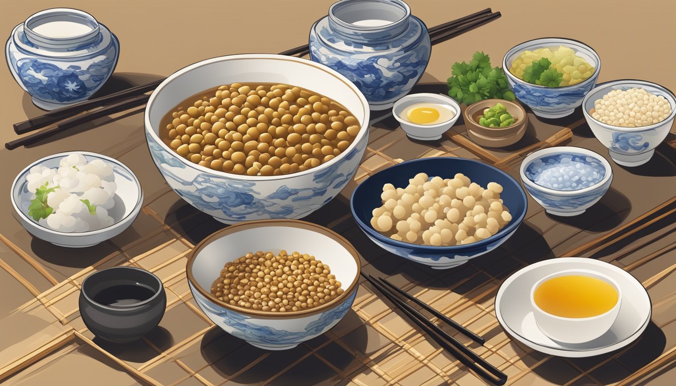 A traditional Japanese table setting with a bowl of sticky, fermented natto surrounded by accompanying condiments and utensils