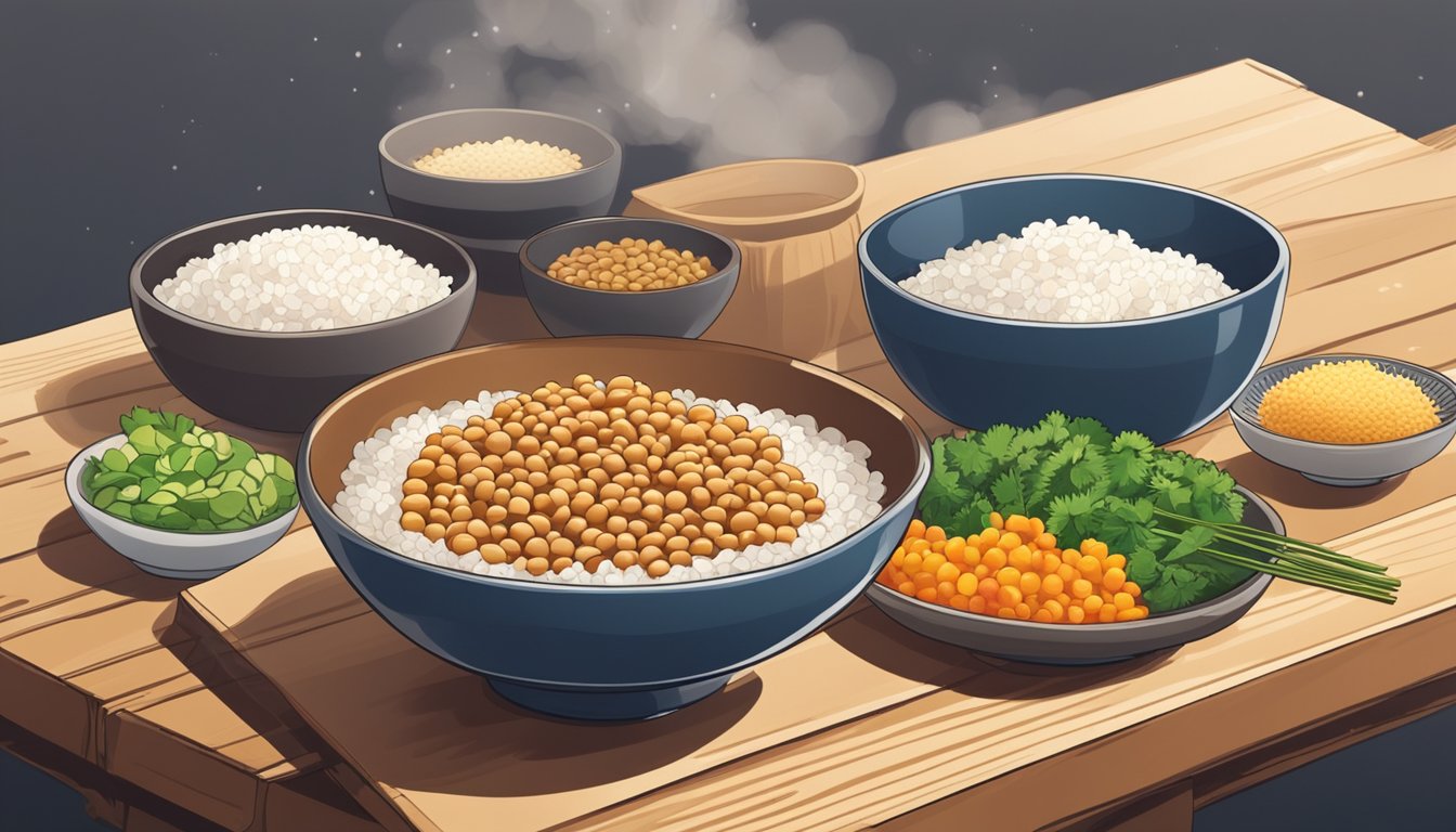 A bowl of sticky, stringy natto sits on a wooden table, surrounded by colorful vegetables and a steaming bowl of rice