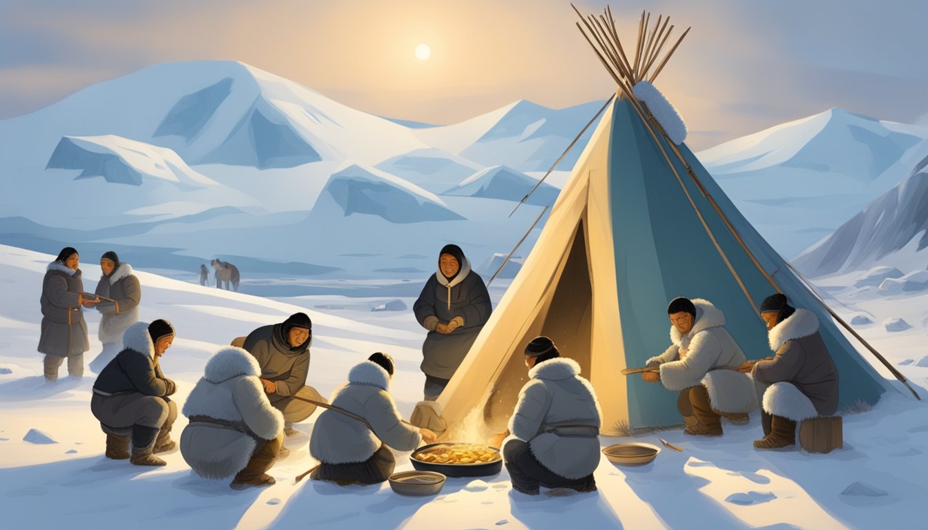 A group of Inuit people preparing akutaq, a traditional dish, in a snow-covered landscape with a traditional tent in the background