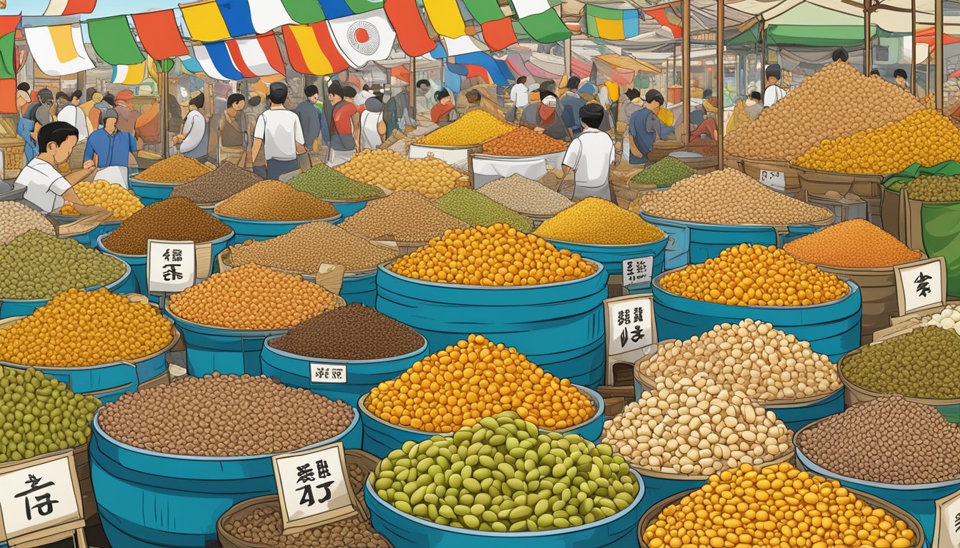 A colorful array of natto beans and sticky strands, surrounded by various international flags and market stalls