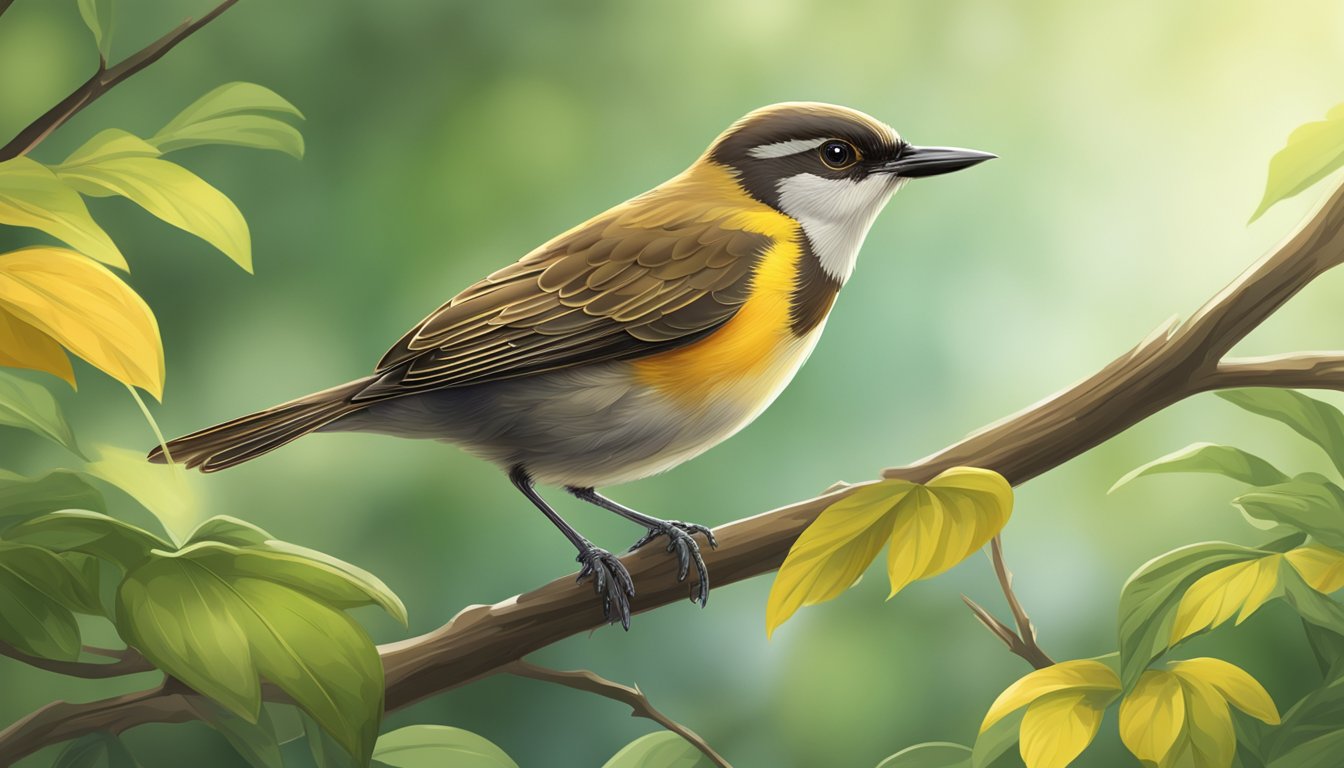 A small bird, the ortolan, perched on a branch surrounded by lush green foliage, with its distinctive yellow and brown plumage on display