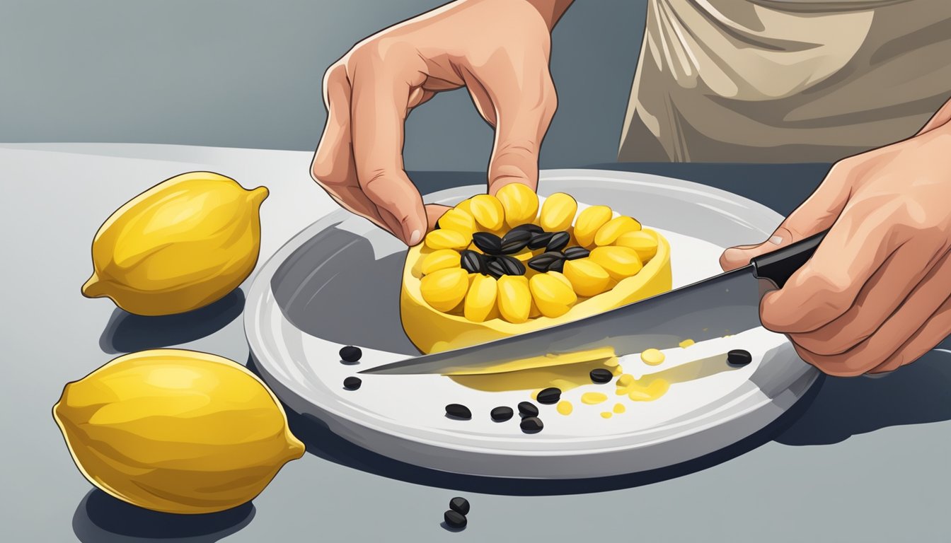 A chef slicing open a ripe ackee fruit with a sharp knife, revealing the vibrant yellow flesh and black seeds inside