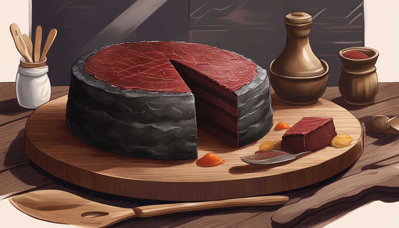 A chef slices into a dark, glistening pig's blood cake, revealing its dense, rich interior. The cake sits on a rustic wooden platter, surrounded by traditional Taiwanese cooking utensils