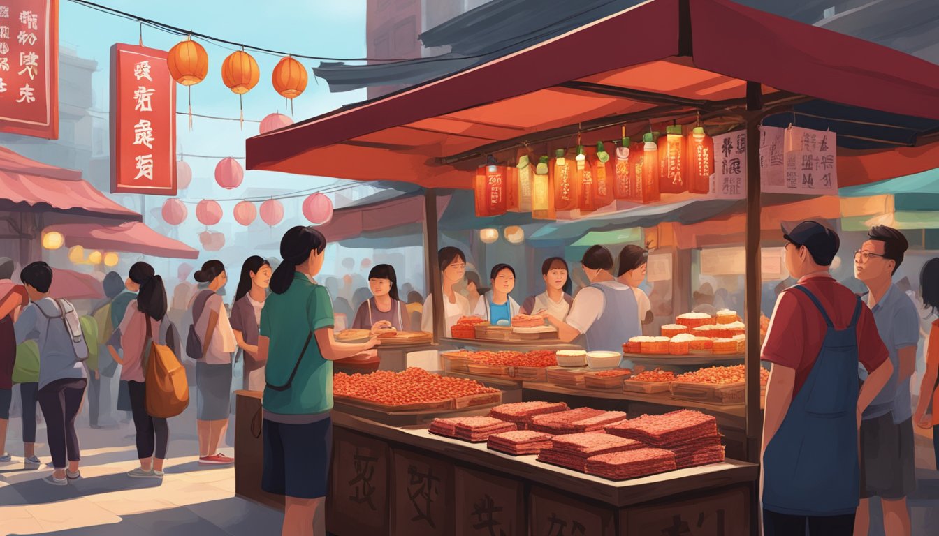 A traditional Taiwanese market stall showcases pigs blood cake, surrounded by curious onlookers and vibrant street food