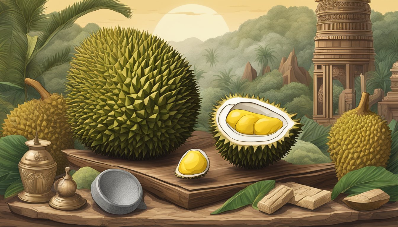 A durian fruit surrounded by historical artifacts and cultural symbols