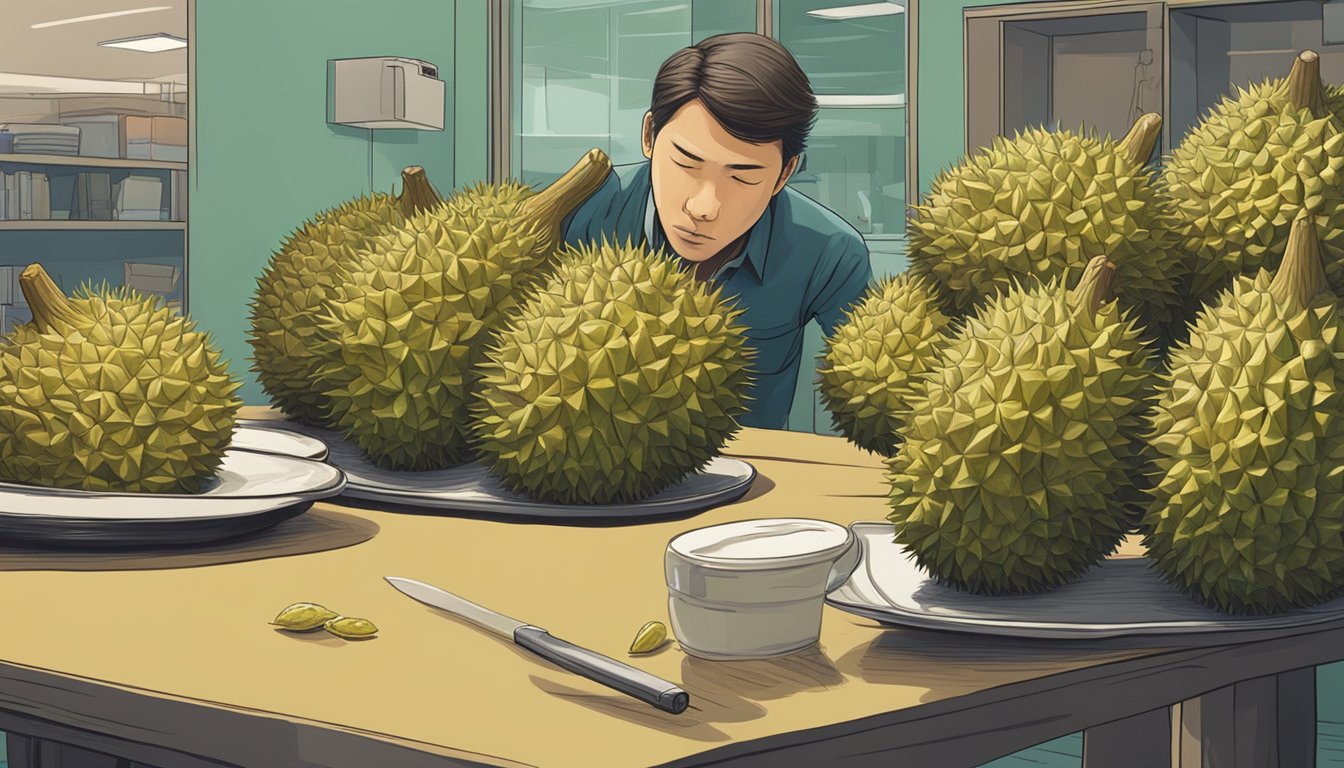 A durian fruit sits on a table, emitting a pungent odor. People cover their noses while others cautiously approach, intrigued by the strange eats