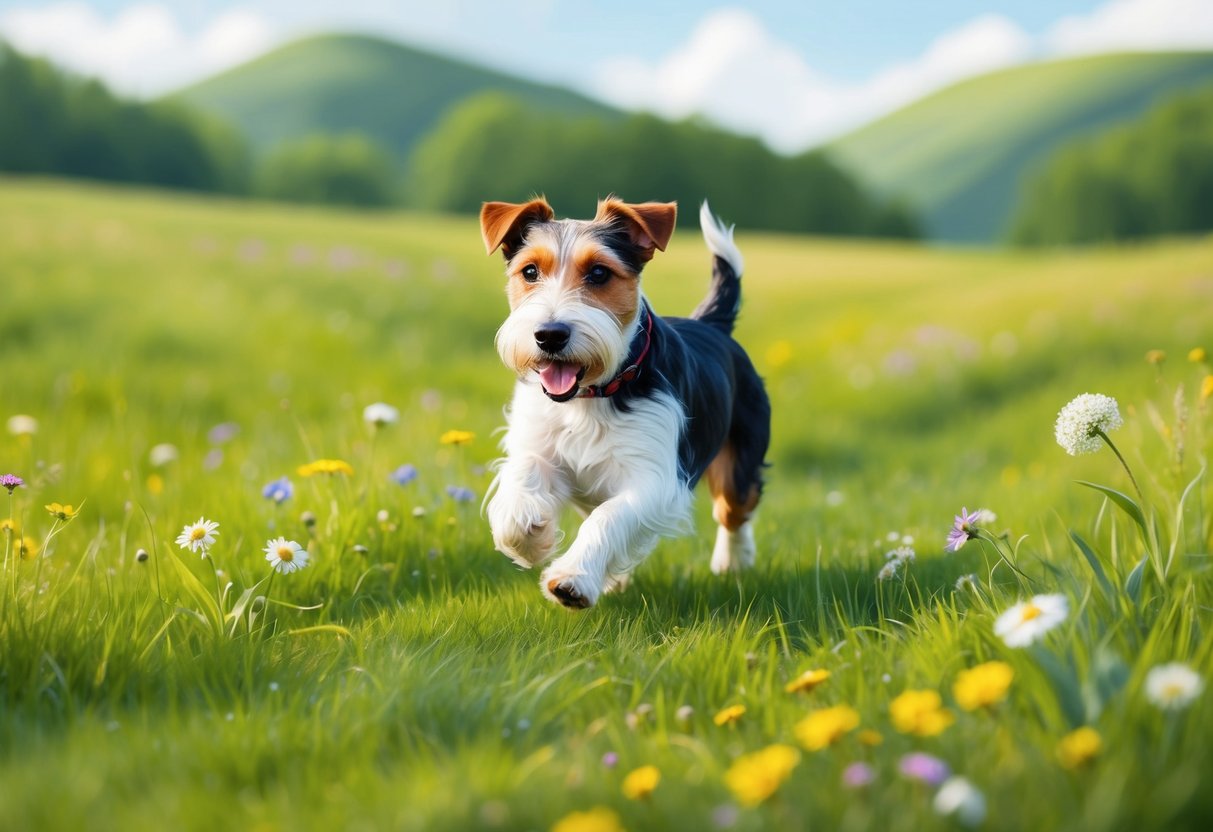 A Glen of Imaal Terrier dog running through a lush green meadow with wildflowers