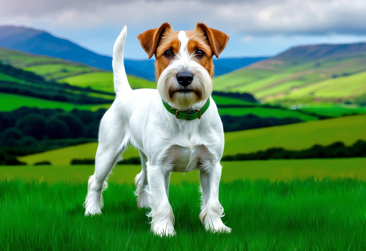 A Glen of Imaal Terrier stands proudly in front of the rolling green hills of Ireland, with a rugged and determined expression on its face