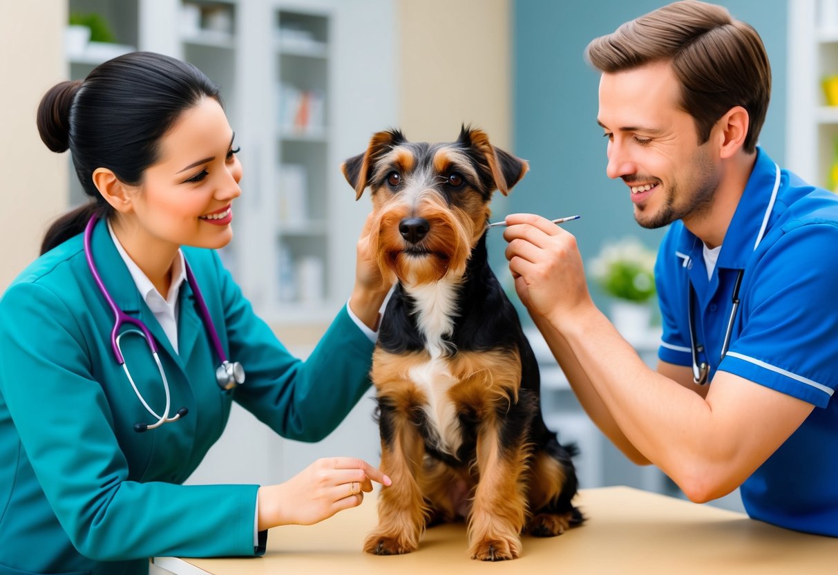 A Glen of Imaal Terrier dog receiving a check-up at a veterinary clinic, with a caring veterinarian examining its ears and a smiling owner looking on