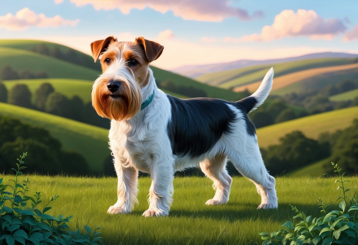 A Glen of Imaal Terrier dog standing confidently with its wiry coat, distinctive beard, and strong build, set against a backdrop of rolling hills and lush greenery