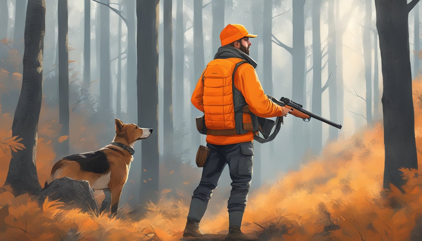 A hunter holding a firearm and wearing bright orange clothing walks through a wooded area, scanning the surroundings for potential targets