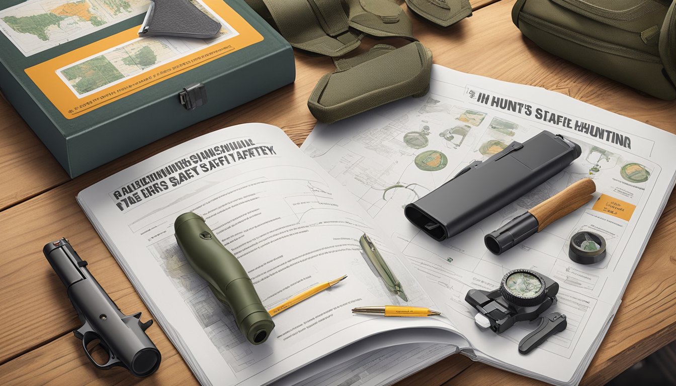 A hunter's safety booklet open on a table, surrounded by hunting gear and a firearm locked in a secure case