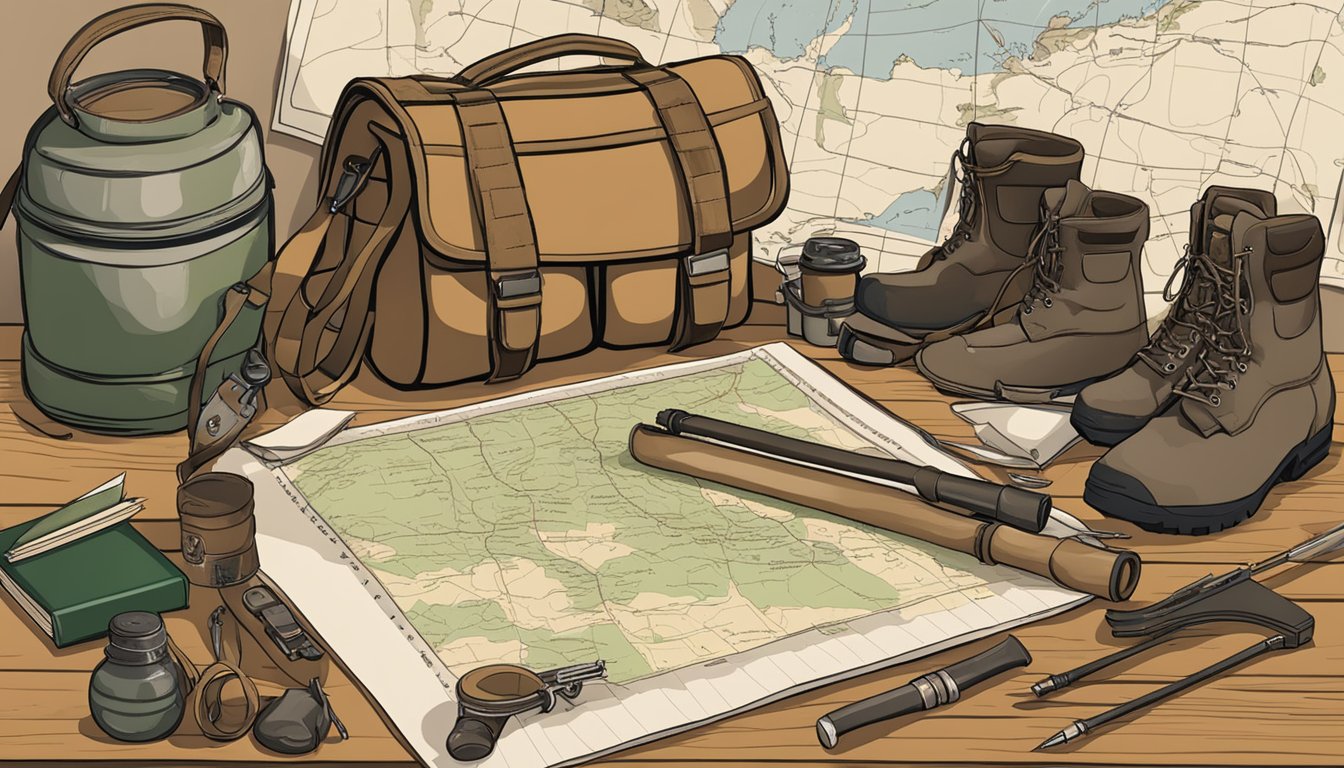 A table with hunting gear, a map, and study materials for a hunter education certificate