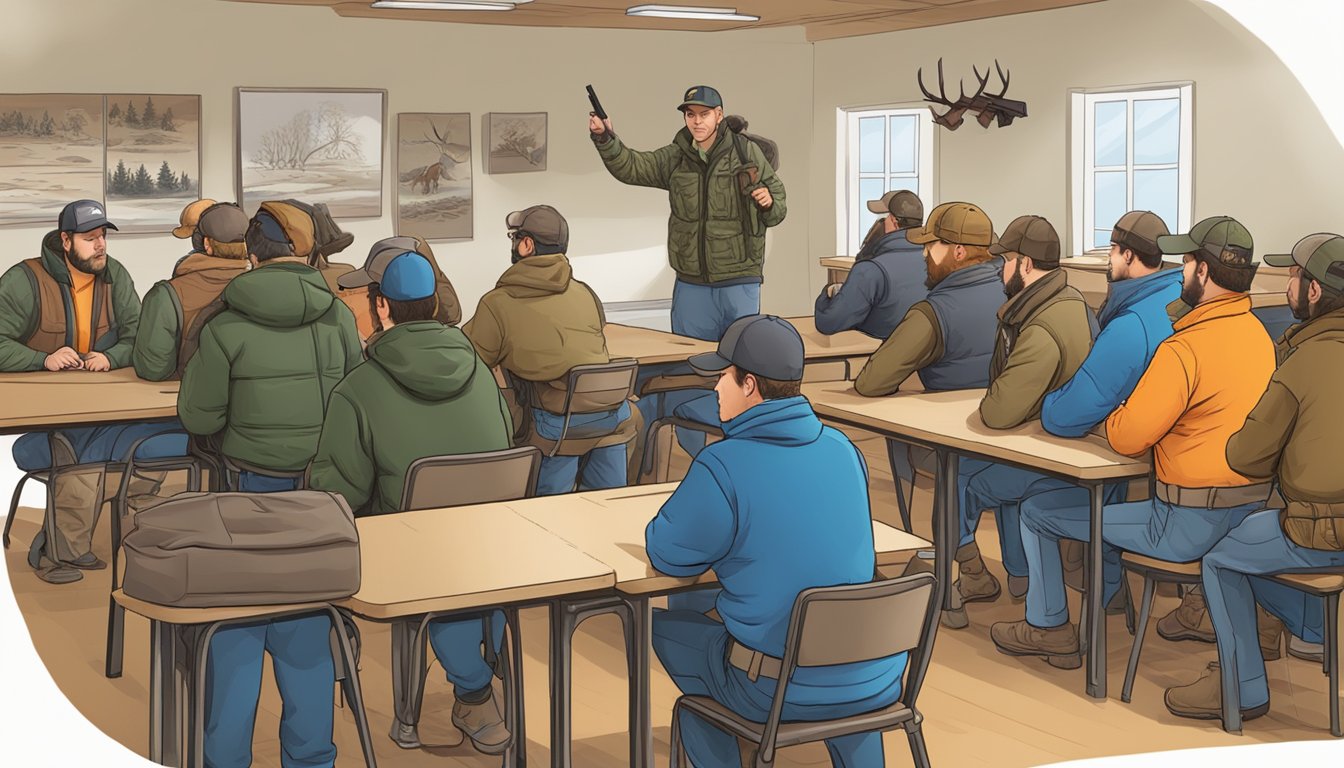 A group of hunters attending a safety education class, learning about firearm handling and safety protocols