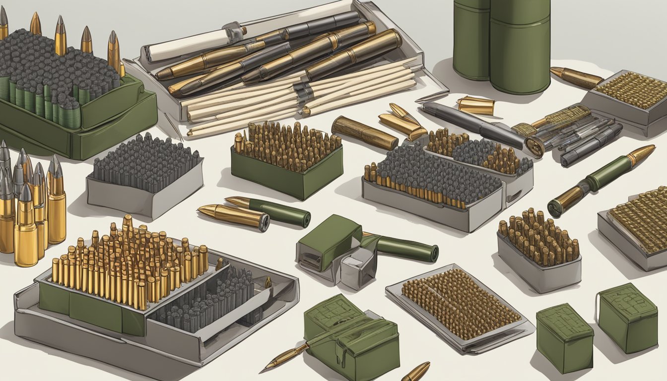 A table with various types of ammunition spread out, alongside a hunter education test and answer key