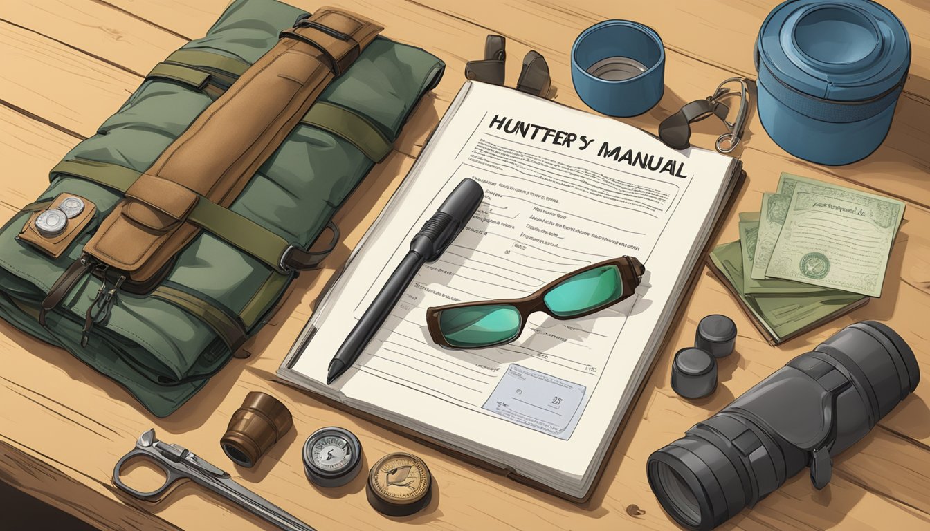 A hunter's safety manual open on a table, surrounded by hunting gear and a completed final exam certificate