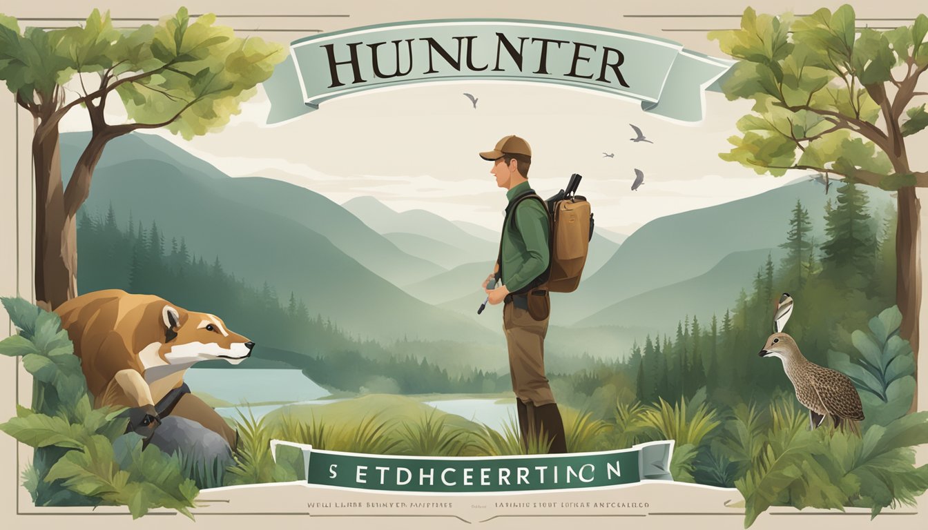 A person holding a hunter education certificate with wildlife and nature in the background