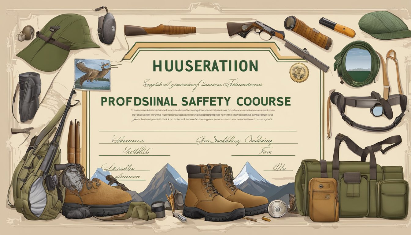 A hunter's safety course certificate surrounded by hunting gear and wildlife conservation resources