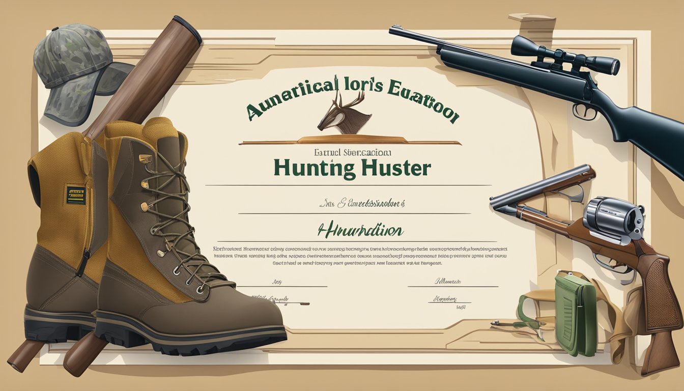 A hunter's education certificate displayed with hunting gear and firearm safety materials