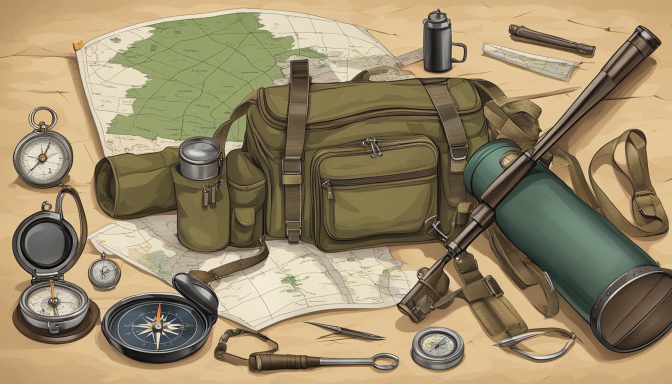 A table with a map, compass, and hunting gear laid out for preparation and planning