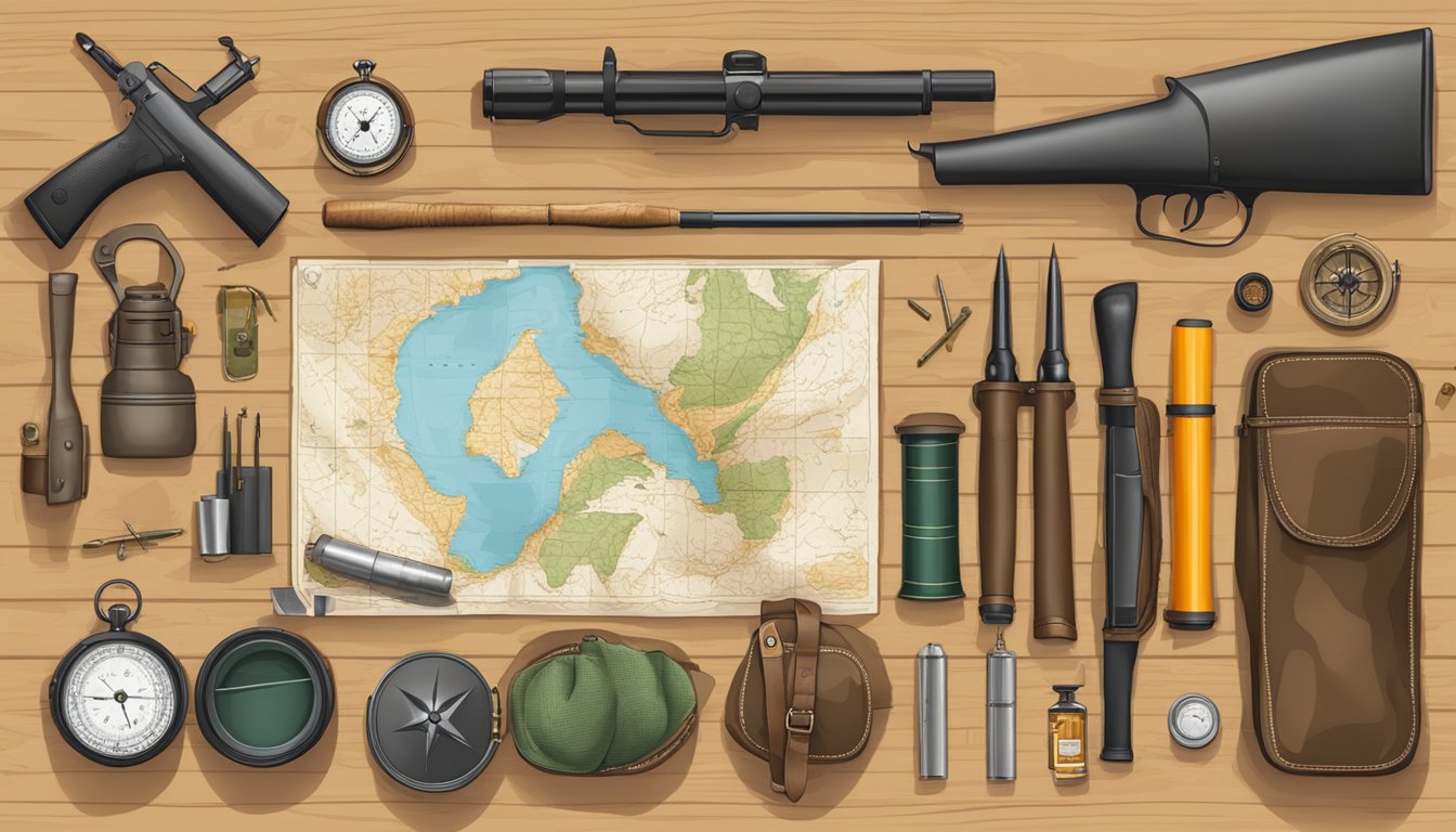 A hunter's gear and tools laid out on a wooden table, including a rifle, ammunition, a compass, and a map