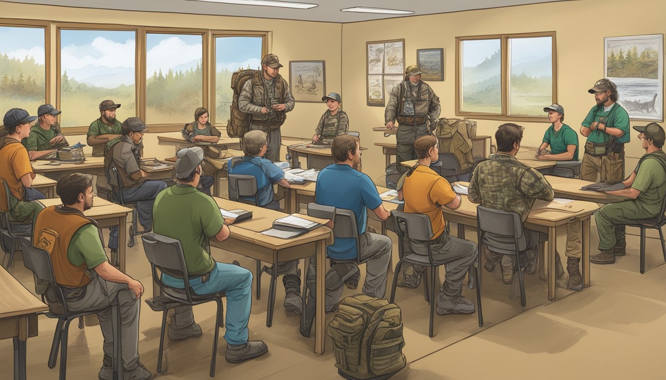 A group of bowhunters gather in a classroom, surrounded by hunting gear and educational materials. An instructor leads a discussion on the history and mission of bowhunter education